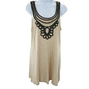 STATUS by CHENAULT Women's Tank S Beige Ribbon Gold Shimmer Crochet Detail Top